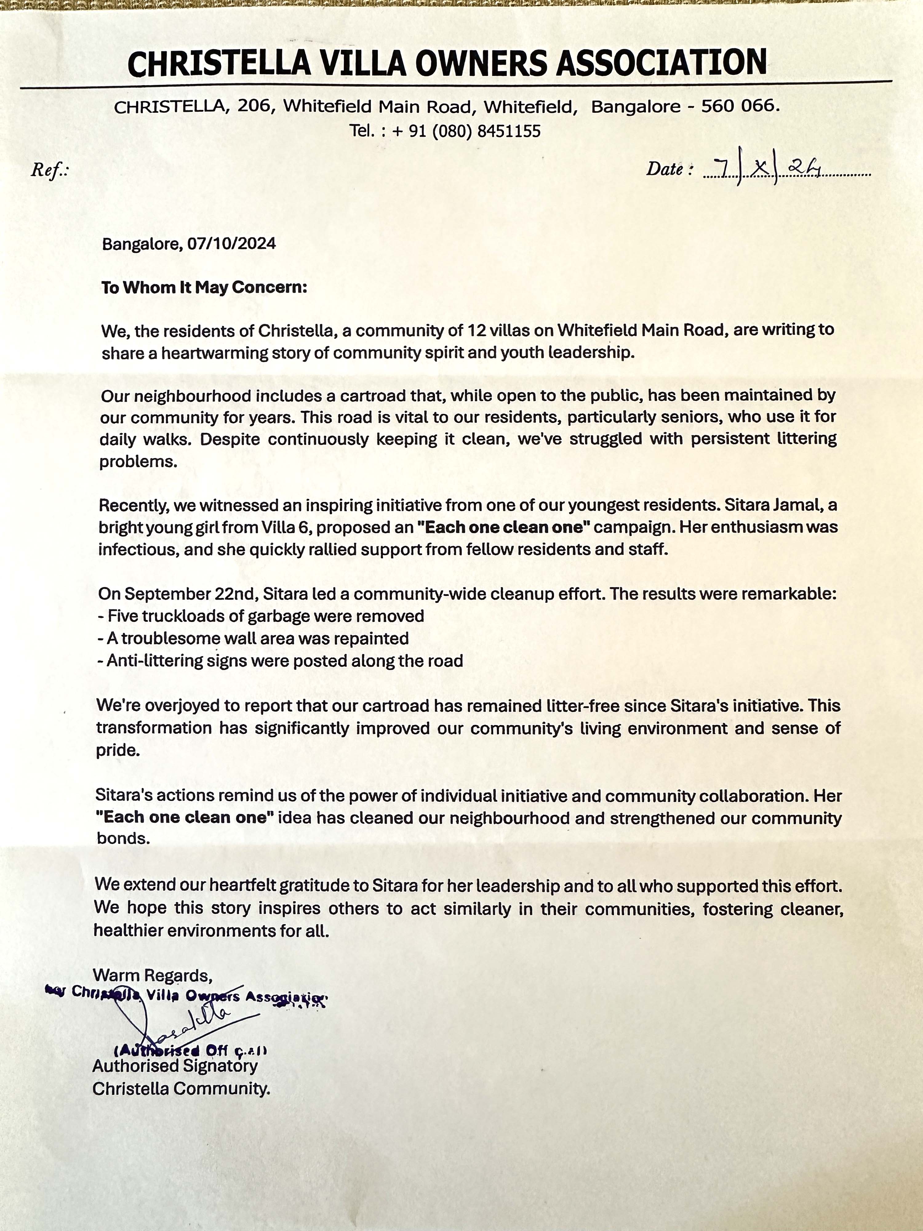 Letter to Corporator
